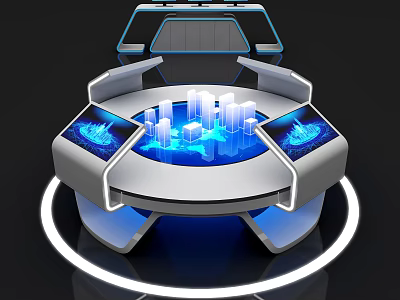 Advanced Commercial Equipment Featuring Circular Design Blue Illuminated Control Panels And 3D City Model 3d model