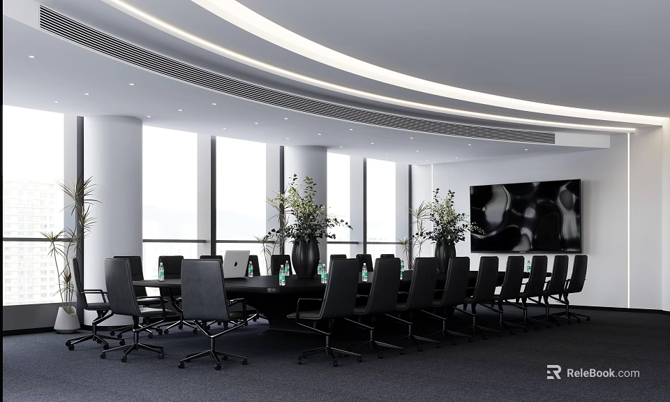Modern Conference Room Interior With Large Table Black Chairs And Green Plants 3d model 