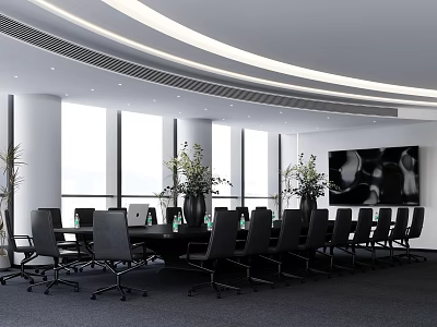 Modern Conference Room Interior With Large Table Black Chairs And Green Plants 3d model