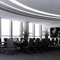 Modern Conference Room Interior With Large Table Black Chairs And Green Plants