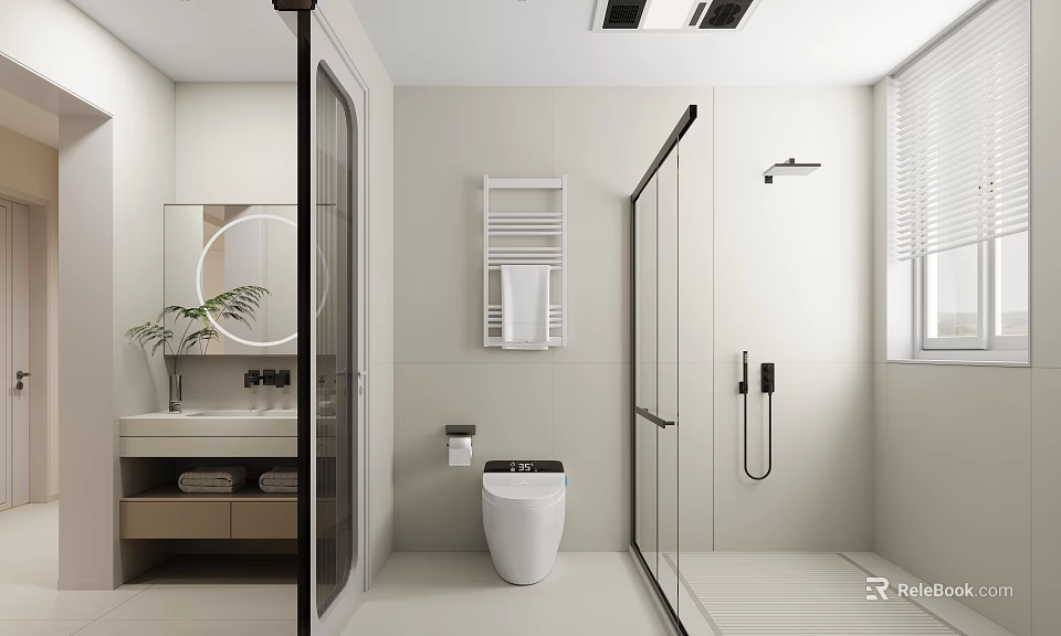 Modern Bathroom Interior With Beige Tiles Walk In Shower Smart Toilet Vanity And Round Mirror 3d model 