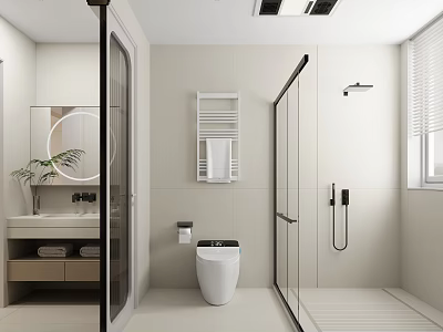 Modern Bathroom Interior With Beige Tiles Walk In Shower Smart Toilet Vanity And Round Mirror 3d model