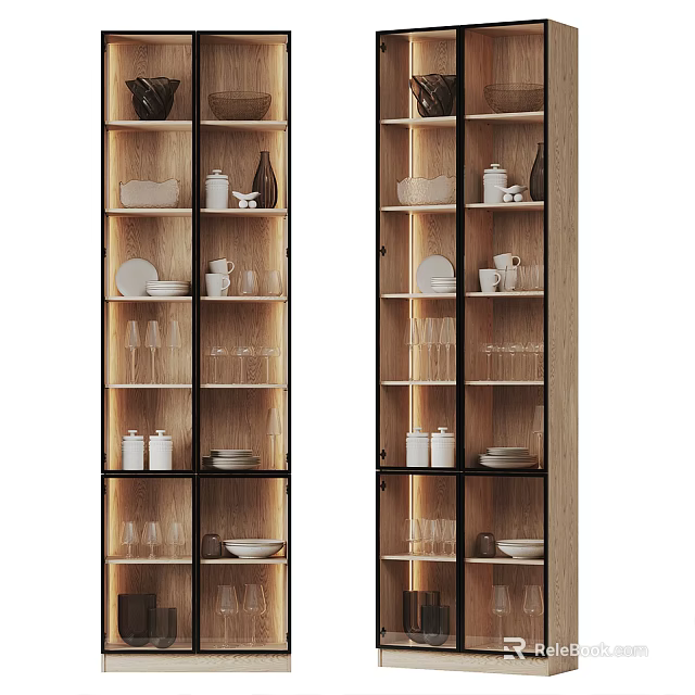 Modern Wooden Sideboard With Glass Doors And Tableware Storage Shelves 3d model 