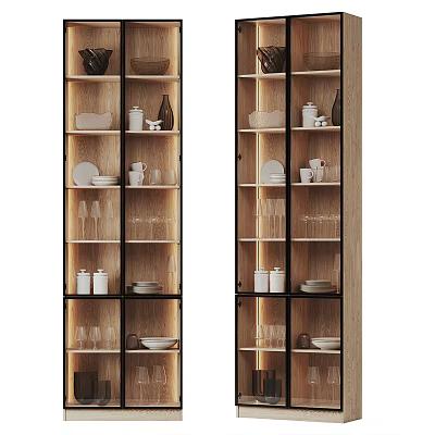 Modern Wooden Sideboard With Glass Doors And Tableware Storage Shelves 3d model