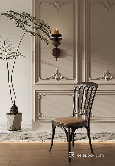 Elegant Wooden Dining Chair With Brown Cushion By Ornate Paneled Wall And Potted Plant 3d model 
