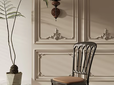Elegant Wooden Dining Chair With Brown Cushion By Ornate Paneled Wall And Potted Plant 3d model