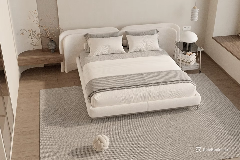 Modern Double Bed with Minimalist Headboard Light Bedding and Nightstand Lamp on Gray Rug 3d model 