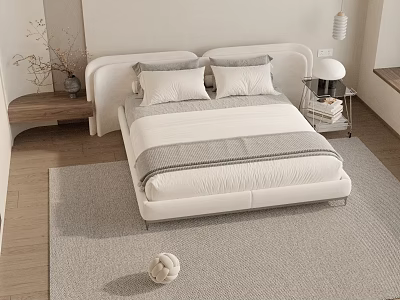 Modern Double Bed with Minimalist Headboard Light Bedding and Nightstand Lamp on Gray Rug 3d model
