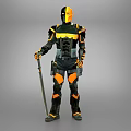 Full Body Game and Movie Character with Black Orange Armor Holding Long Staff
