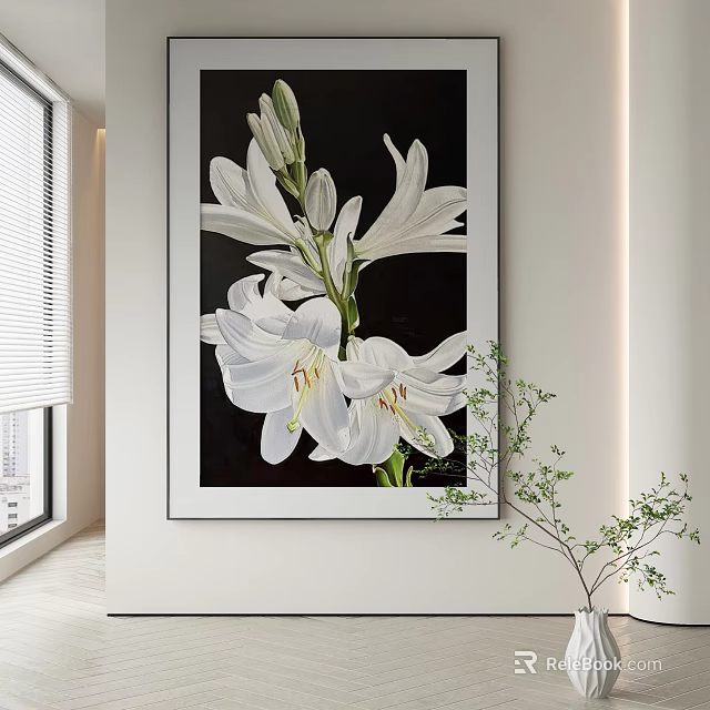 Abstract Painting Of White Lilies Hanging On White Wall In Modern Interior With Green Plant 3d model 