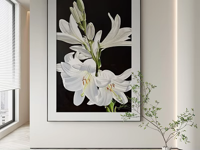 Abstract Painting Of White Lilies Hanging On White Wall In Modern Interior With Green Plant 3d model
