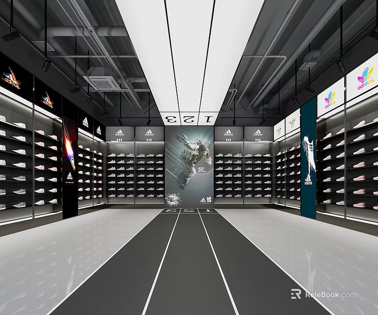 Modern Sports Shoe Store with Shelves Displaying Sneakers and Advertising Poster 3d model 