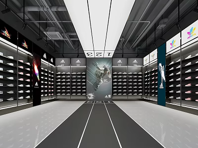 Modern Sports Shoe Store with Shelves Displaying Sneakers and Advertising Poster 3d model