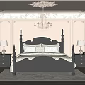 Classic Bedroom Interior With Black Four Poster Bed Crystal Chandelier Decorative Paneling And Window Greenery