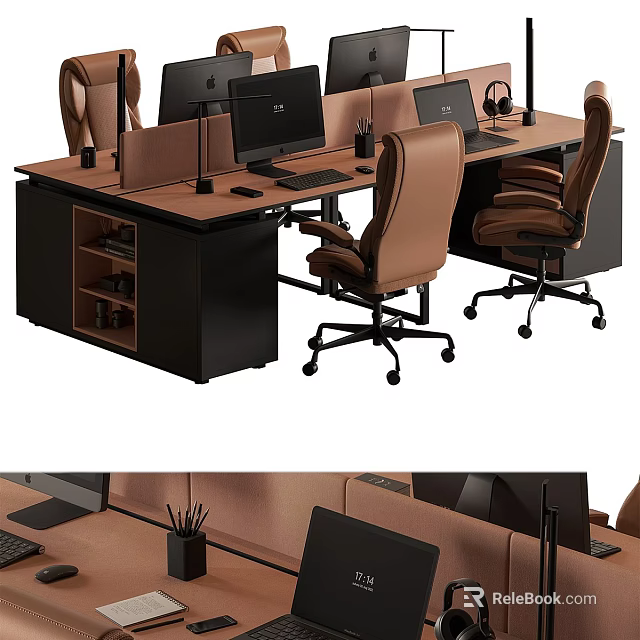 Modern Office Desk With Multiple Workstations Ergonomic Chairs Storage Shelves And Computer Monitors 3d model 