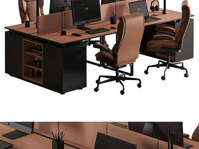 Modern Office Desk With Multiple Workstations Ergonomic Chairs Storage Shelves And Computer Monitors 3d model