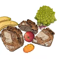 Ripe Bananas Juicy Apple and Yellow Horned Melon with Fresh Romanesco and Bread