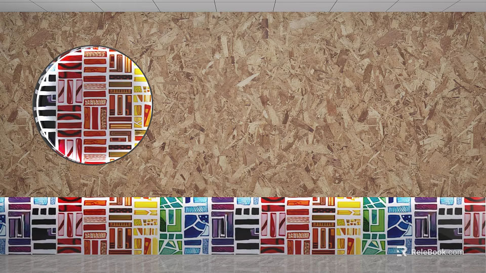 OSB Wall With Colorful Decorative Strips And Circular Art 3d model 