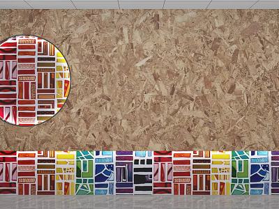 OSB Wall With Colorful Decorative Strips And Circular Art 3d model