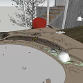 Modern Decorative Ornament Combination with Architectural Elements and Serene Water Reflection