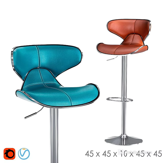 Modern Bar Stools with Blue and Orange Leather Upholstery and Metal Frame 3d model 