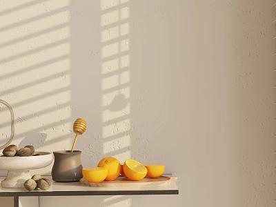 Fresh Oranges Sliced With Honey Jar And Nuts On Sunlit Table With Shadow Patterns 3d model