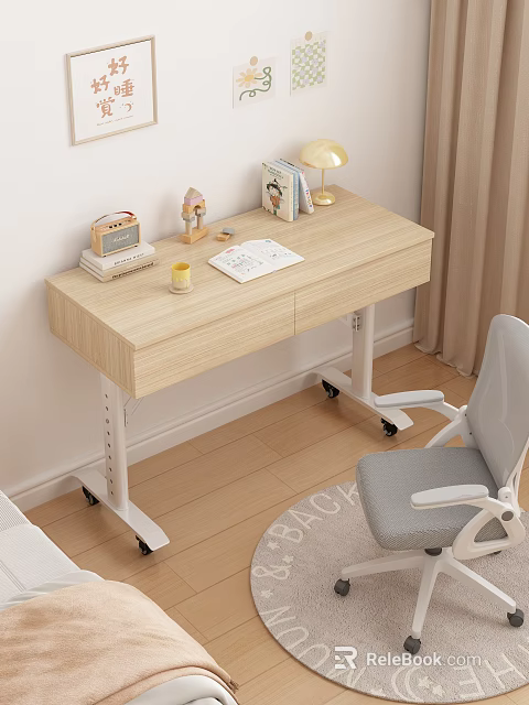 Kids Desk With Adjustable Height Wheels Light Wood Surface Books Lamp Notebook Toy And Chair 3d model 