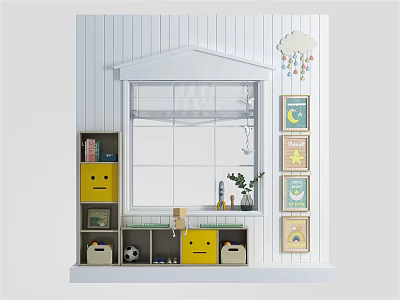Modern Children's Room Casement Window With Yellow Storage Cabinets Decorative Paintings And Green Plant 3d model