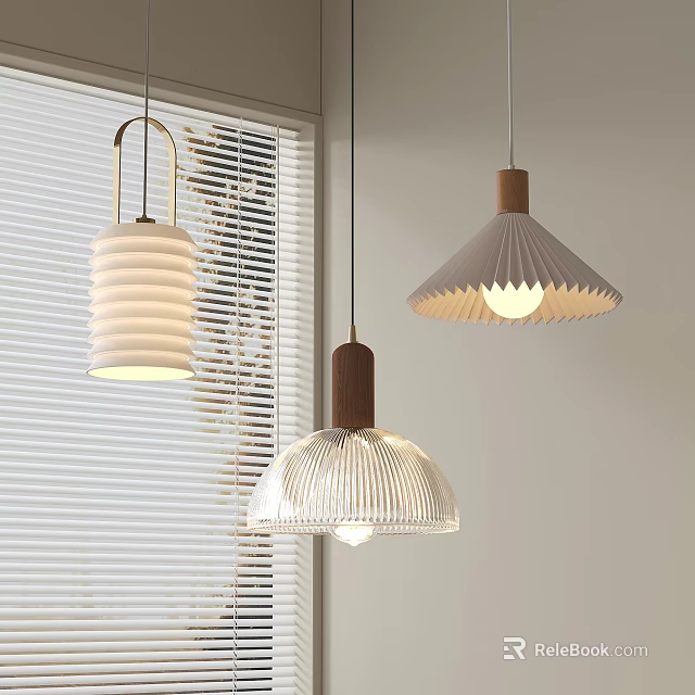 Stylish Pendant Lights With Wooden Bases And Pleated Shades For Modern Home Interior 3d model 