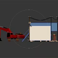 Blue And White Two Story Container Building With Red Excavator And Yellow Pipes