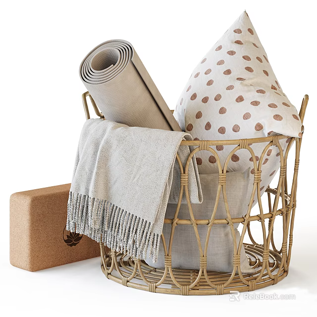 Wicker Storage Basket With Fringed Blanket Polka Dot Pillow Rolled Yoga Mat And Storage Box 3d model 