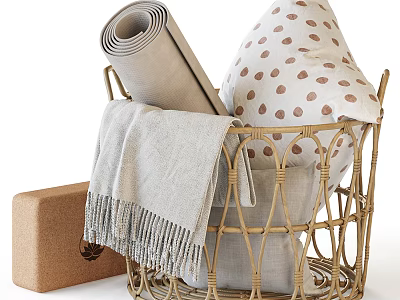 Wicker Storage Basket With Fringed Blanket Polka Dot Pillow Rolled Yoga Mat And Storage Box 3d model