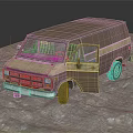 Old Brown And Beige Van With Open Door Parked On Gray Ground