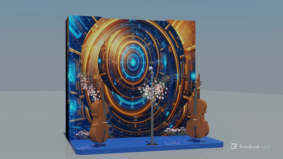 Stylish Blue Display With Golden Circular Pattern Two Cellos Microphone And White Flowers 3d model 