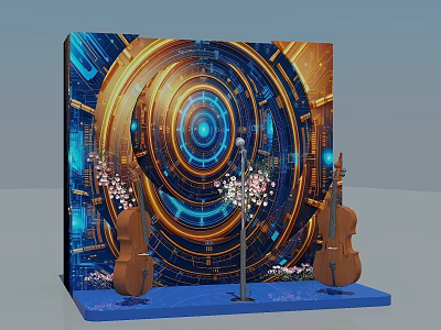 Stylish Blue Display With Golden Circular Pattern Two Cellos Microphone And White Flowers 3d model