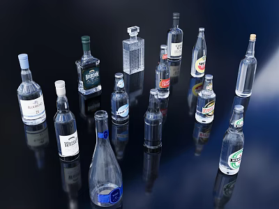 Various Wine Bottles and Glassware of Different Shapes on Black Reflective Surface 3d model