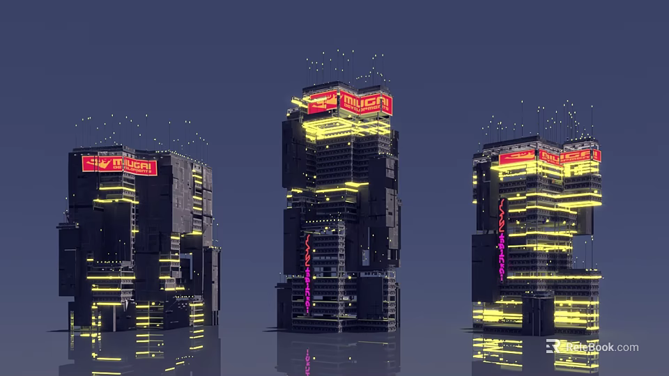 Futuristic Skyscraper Architecture With Neon Lights Illuminated Signs And Modern Design 3d model 