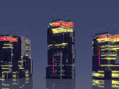 Futuristic Skyscraper Architecture With Neon Lights Illuminated Signs And Modern Design 3d model