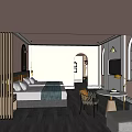 Cozy Hotel Guest Room Interior With Soft Pink Walls Arched Windows Comfortable Bed And Sofa