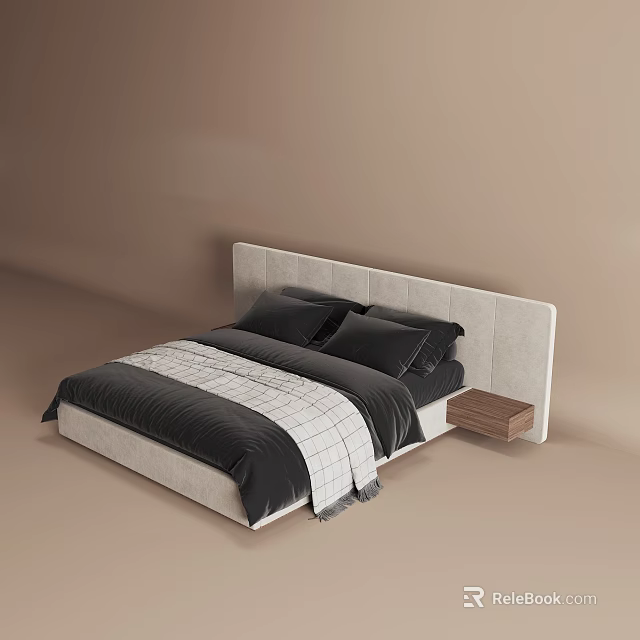 Modern Double Bed with White Headboard Black Bed Sheets Plaid Blanket and Small Nightstand 3d model
