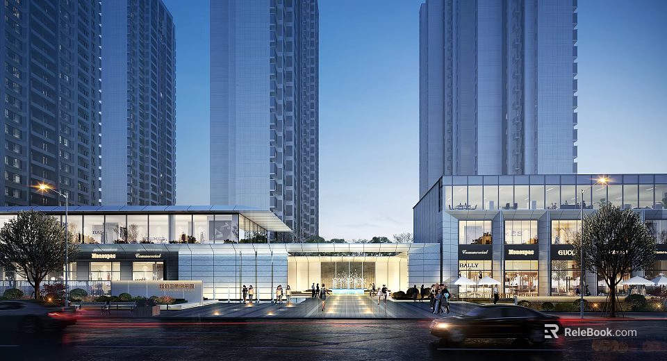 Modern Urban Commercial Street With Shops Cars And Tall Buildings 3d model 