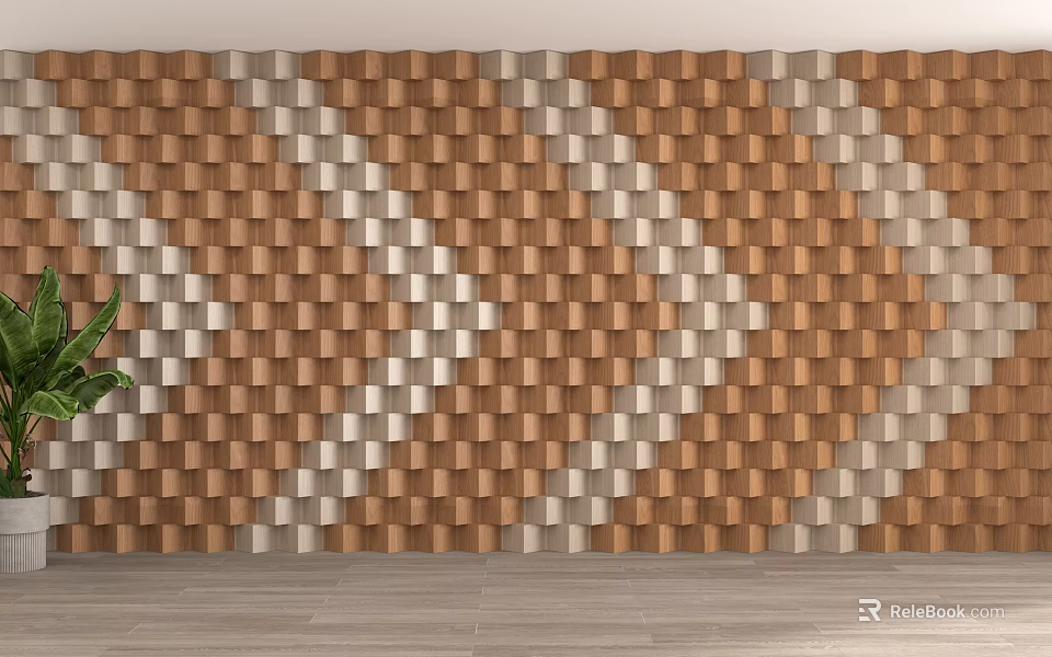 3D Cube Wall Partition With Brown White Chevron Pattern And Wooden Floor Plant 3d model