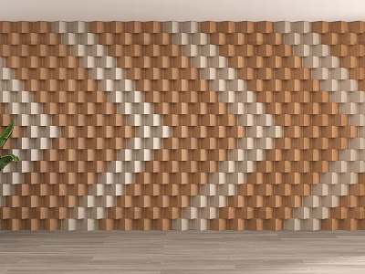 3D Cube Wall Partition With Brown White Chevron Pattern And Wooden Floor Plant 3d model