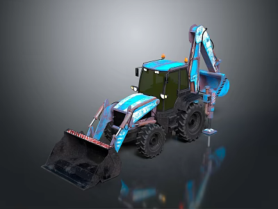Blue Functional Construction Vehicle With Front Loader Bucket And Backhoe Arm 3d model