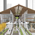 Modern Commercial Street With Sloped Roof Architecture Surrounded By Tall Buildings Trees And Pedestrians