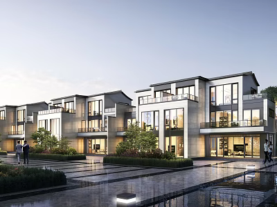 Modern Row Townhouse Exterior with Landscaped Gardens Large Windows and Water Features 3d model