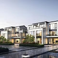 Modern Row Townhouse Exterior with Landscaped Gardens Large Windows and Water Features