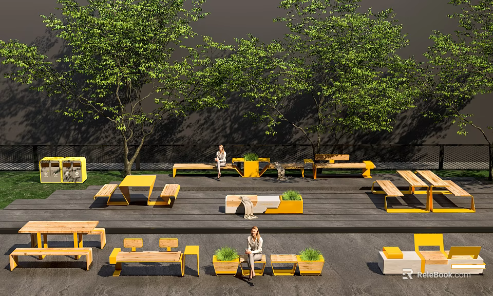 Stylish Garden Decor Featuring Yellow Wooden Furniture Green Trees Potted Plants And Outdoor Relaxation Area 3d model 