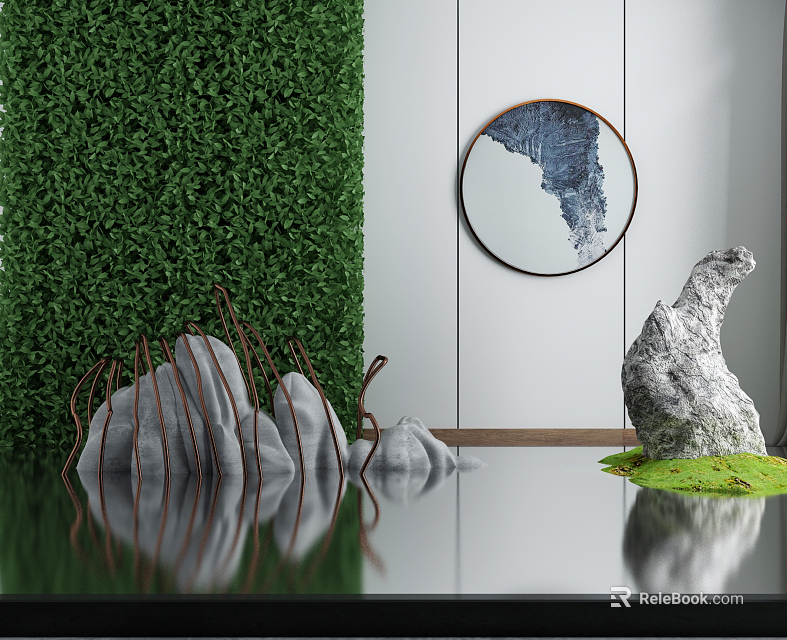 Garden Ornaments With Green Hedge Wall Circular Mirror Stone Sculptures And Water Reflection 3d model 