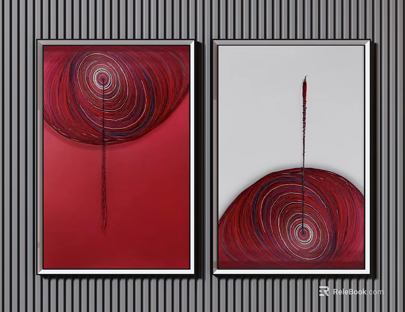 Abstract Framed Wall Art With Red Spiral Patterns And Vertical Lines 3d model